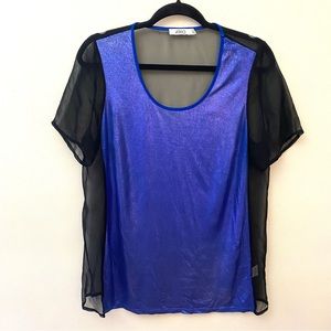 Aiko metallic silk front sheer back short sleeve blouse size medium